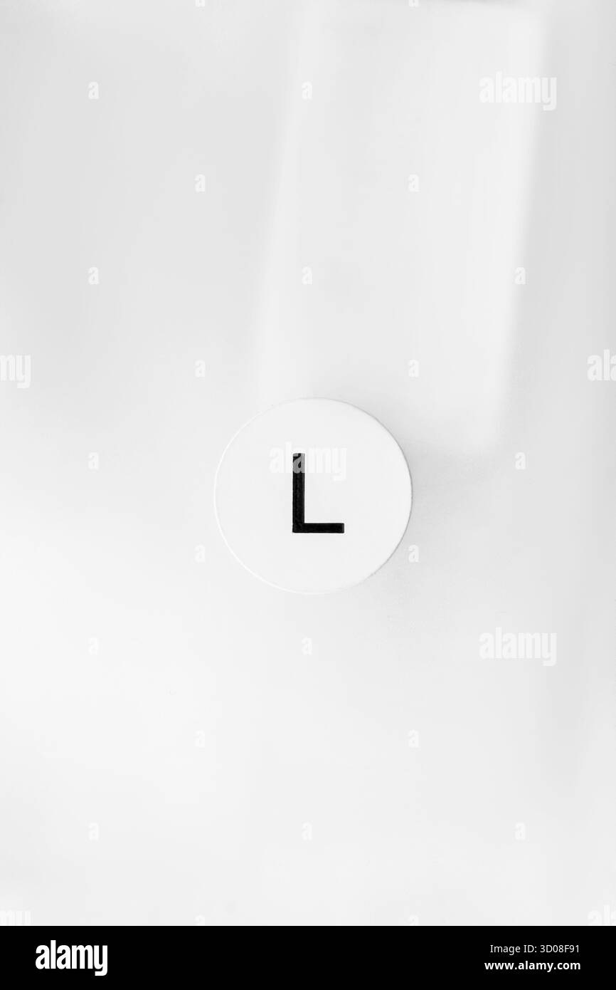 Etichetta adesiva di dimensione L su primo piano dello sfondo della confezione in plastica bianca Foto Stock