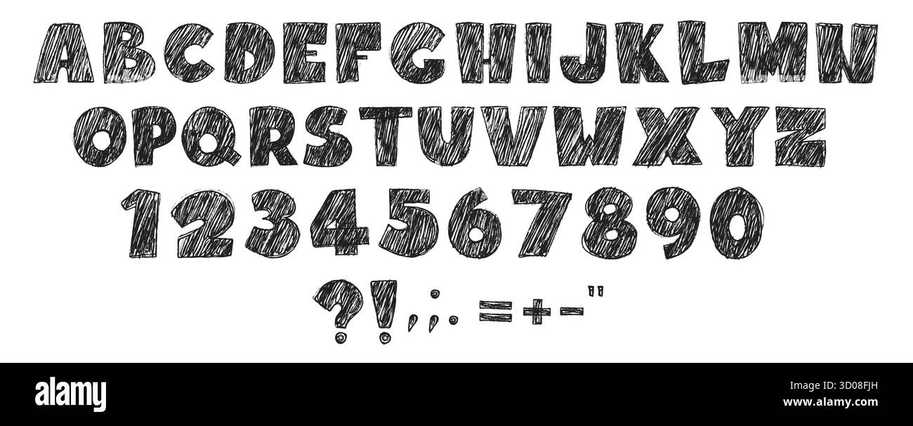 Alfabeto tipografico dei capretti con lettere disegnate a mano, numeri da zero a nove e segni di punteggiatura. Caratteri neri con trama ruvida di pennellate a matita su sfondo bianco. Illustrazione Vettoriale
