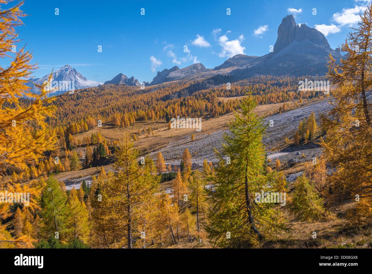 La Croda del Becco sulle Dolomiti di Ampezzo in una splendida giornata autunnale di sole, boschi di larici dorati e fogliame pieno autunnale. Foto Stock