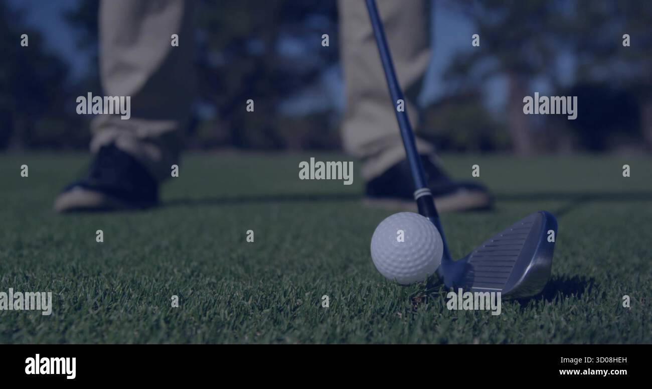 Allinea la testa di ferro dietro la palla da golf bianca sul campo da golf, con alberi sfocati, spazio fotocopie Foto Stock