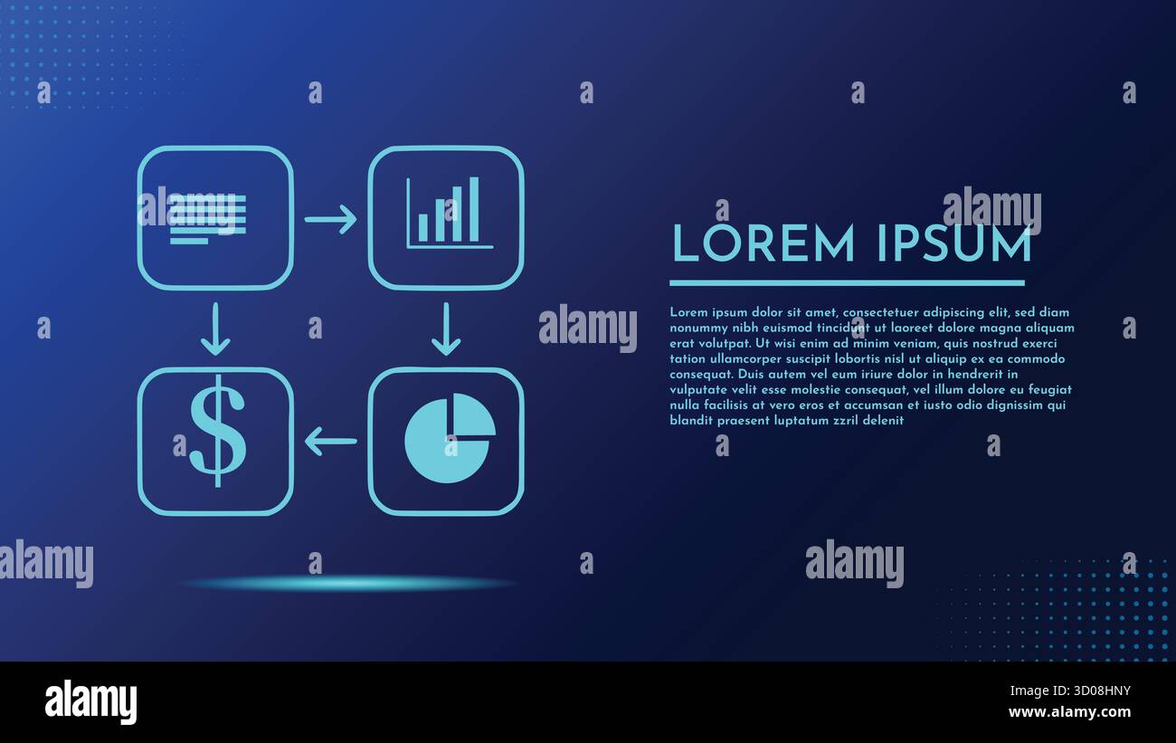 Icone di contorno per il documento diagramma di flusso dei processi aziendali, grafico a barre, simbolo del dollaro, grafico a torta con testo Lorem Ipsum su sfondo blu Illustrazione Vettoriale