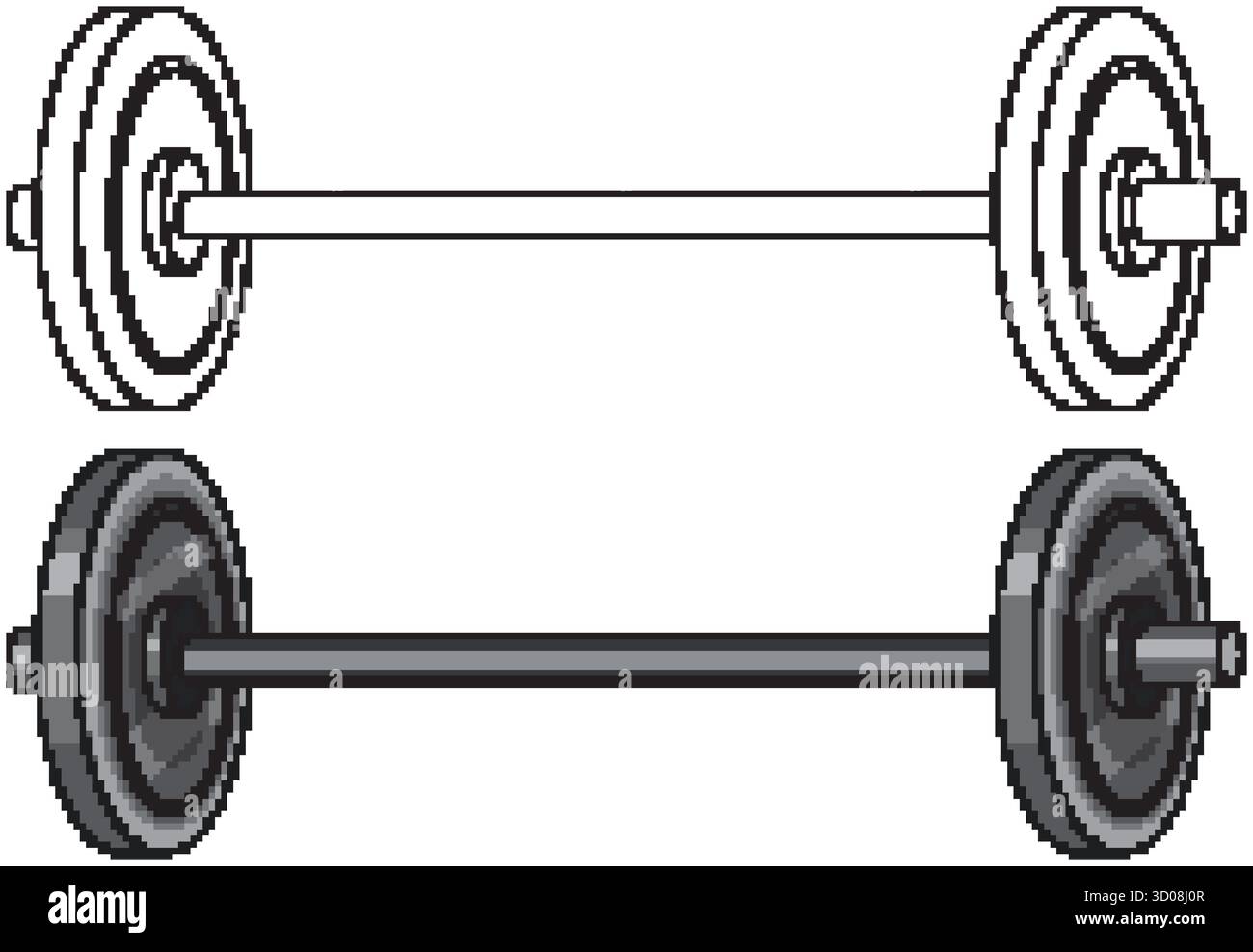 Barbell è mostrato sia con profilo monocromatico che con stile vettoriale ombreggiato dettagliato, isolato su bianco Illustrazione Vettoriale