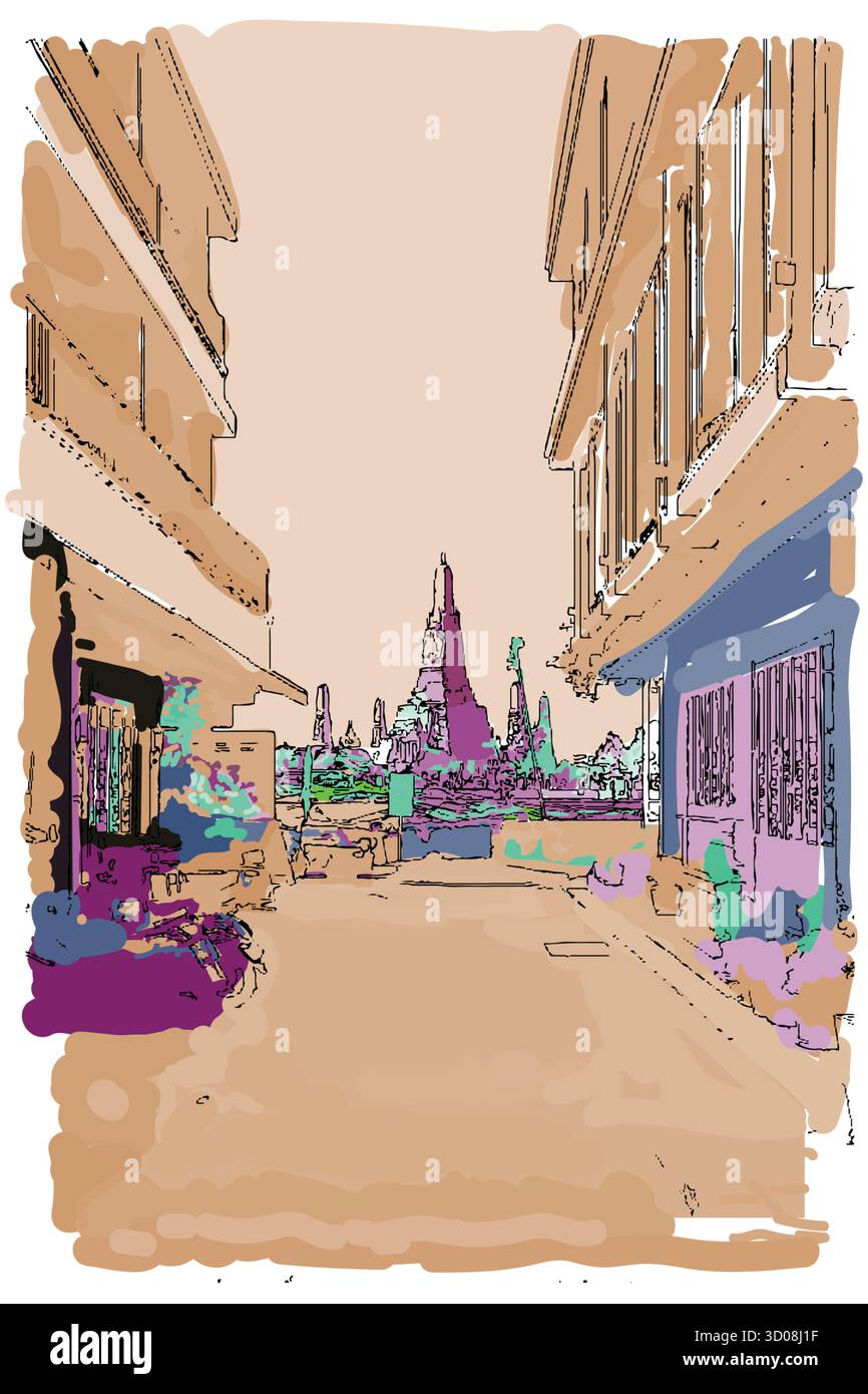 Illustrazione digitale di un'antica strada stretta che conduce al tempio Wat Arun a Bangkok, catturando il fascino del patrimonio urbano tailandese con colorate strade panoramiche Illustrazione Vettoriale