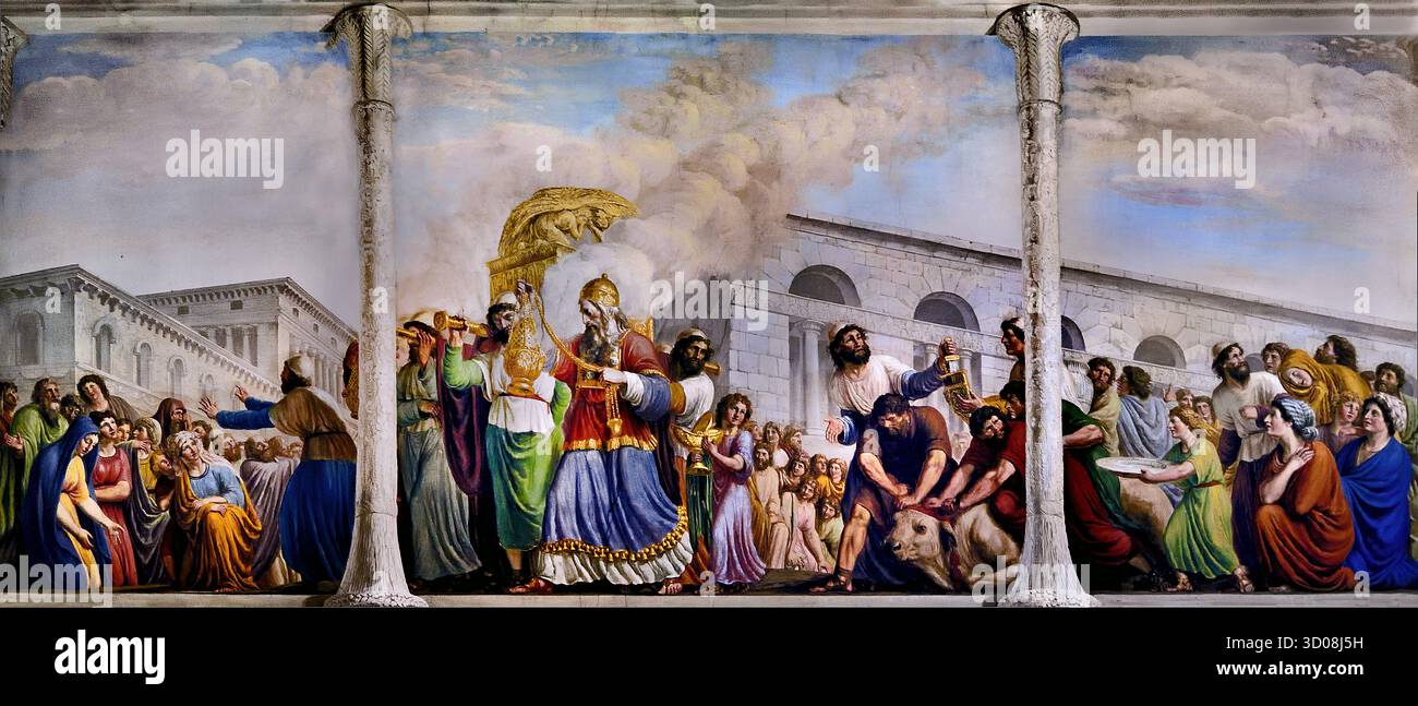David accompagna il trasporto dell arca dell alleanza stanza dell'Arca a Palazzo Pitti Firenze Italia da Giovanni Battista Caracciolo (Battistello) 1578-1635 del xvii secolo . Nel 1816, il soffitto è stato affrescato da Luigi Ademollo 1764 - 1849 con Noè entrando in Gerusalemme con l'arca. (L'arca del patto - Arca della Testimonianza ) è un oro-coperto cassa di legno con coperchio descritto nel libro dell Esodo come contenente le due tavolette di pietra dei Dieci Comandamenti. Foto Stock