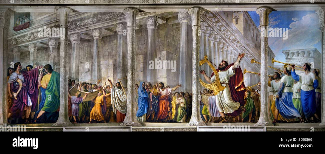 David nella sala dell'Arca Palazzo Pitti Firenze Italia di Giovanni Battista Caracciolo (Battistello) 1578–1635 XVII secolo . Nel 1816, il soffitto fu affrescato da Luigi Ademollo 1764 - 1849 con Noè che entra a Gerusalemme con l'Arca dell'Alleanza (Arca della testimonianza). È un petto in legno rivestito d'oro con coperchio descritto nel Libro dell'Esodo come contenente le due tavolette in pietra dei dieci Comandamenti. Foto Stock