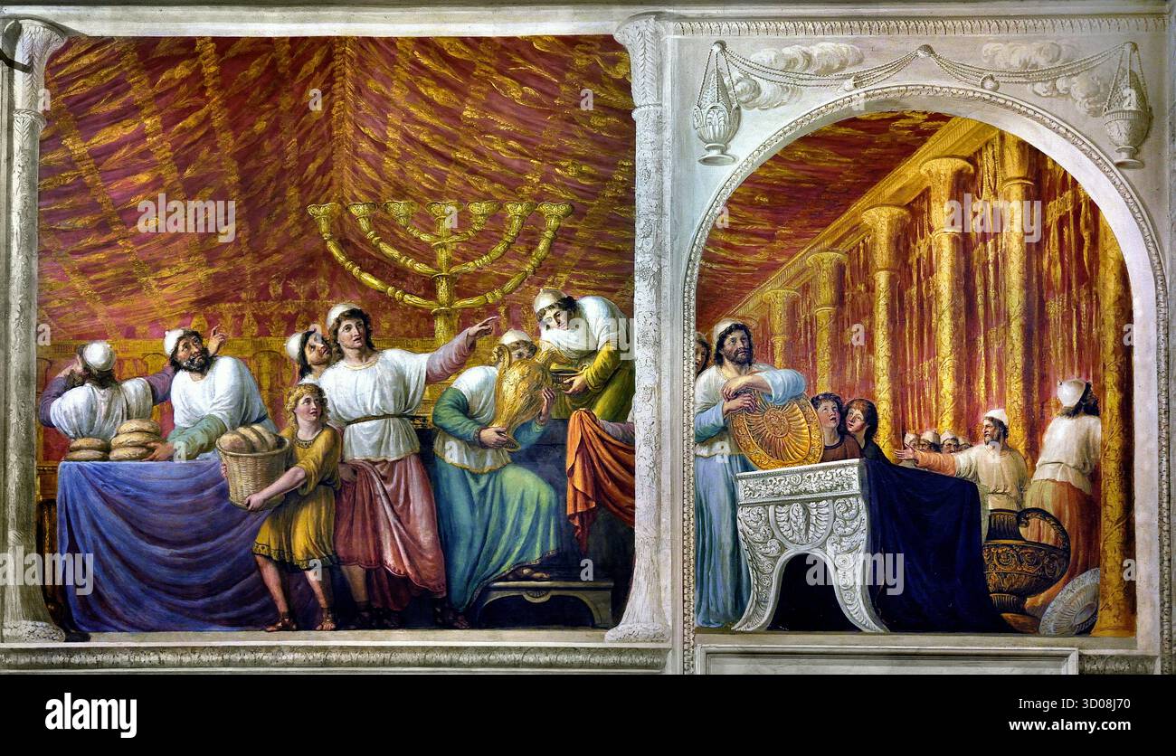 La Menorah nella sala dell'Arca Palazzo Pitti Firenze Italia di Giovanni Battista Caracciolo (Battistello) 1578–1635 XVII secolo . Nel 1816, il soffitto fu affrescato da Luigi Ademollo 1764 - 1849 con Noè che entra a Gerusalemme con l'Arca dell'Alleanza (Arca della testimonianza). È un petto in legno rivestito d'oro con coperchio descritto nel Libro dell'Esodo come contenente le due tavolette in pietra dei dieci Comandamenti. Foto Stock
