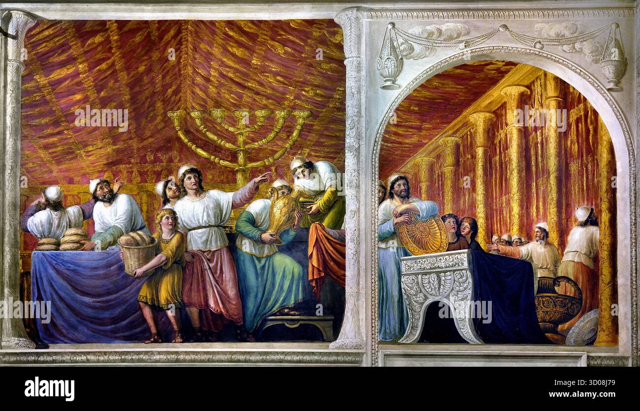 La Menorah nella sala dell'Arca Palazzo Pitti Firenze Italia di Giovanni Battista Caracciolo (Battistello) 1578–1635 XVII secolo . Nel 1816, il soffitto fu affrescato da Luigi Ademollo 1764 - 1849 con Noè che entra a Gerusalemme con l'Arca dell'Alleanza (Arca della testimonianza). È un petto in legno rivestito d'oro con coperchio descritto nel Libro dell'Esodo come contenente le due tavolette in pietra dei dieci Comandamenti. Foto Stock