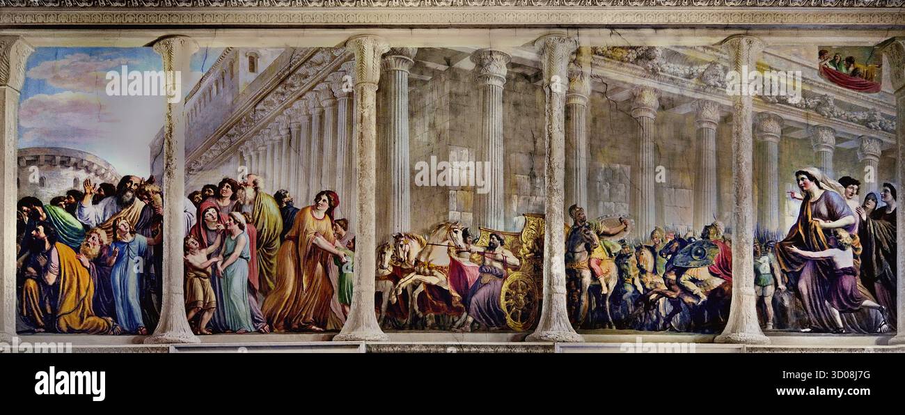 David nella sala dell'Arca Palazzo Pitti Firenze Italia di Giovanni Battista Caracciolo (Battistello) 1578–1635 XVII secolo . Nel 1816, il soffitto fu affrescato da Luigi Ademollo 1764 - 1849 con Noè che entra a Gerusalemme con l'Arca dell'Alleanza (Arca della testimonianza). È un petto in legno rivestito d'oro con coperchio descritto nel Libro dell'Esodo come contenente le due tavolette in pietra dei dieci Comandamenti. Foto Stock