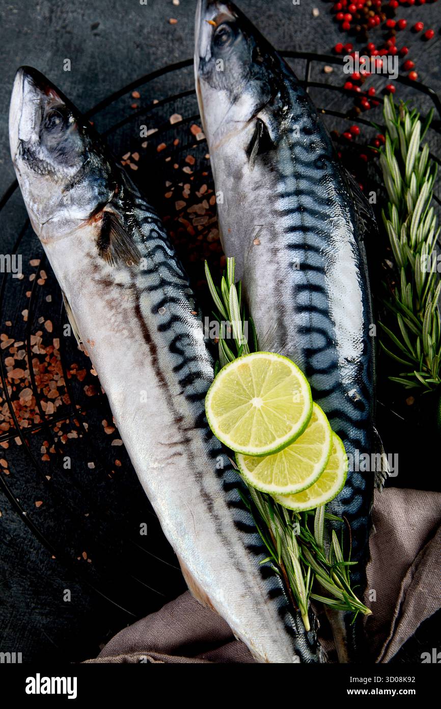 Sgombro fresco ed erbe aromatiche. Pesce fresco e specialità di pesce. Vista dall'alto. Foto Stock