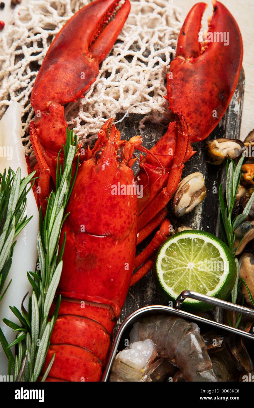 Varietà di pesce fresco ed erbe aromatiche. Pesce fresco e specialità di pesce. Vista dall'alto. Foto Stock