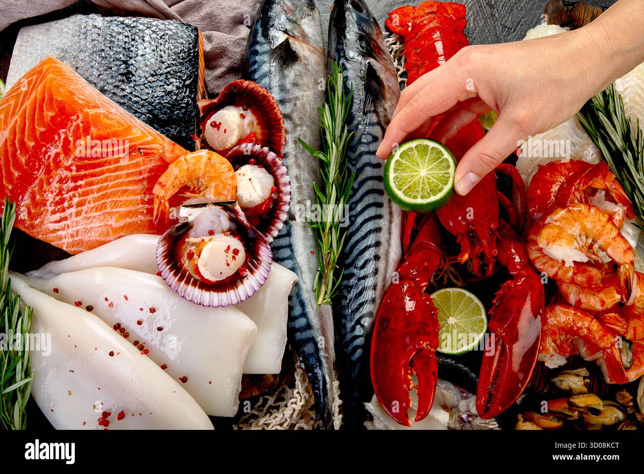 Varietà di pesce fresco ed erbe aromatiche. Pesce fresco e specialità di pesce. Vista dall'alto. Foto Stock