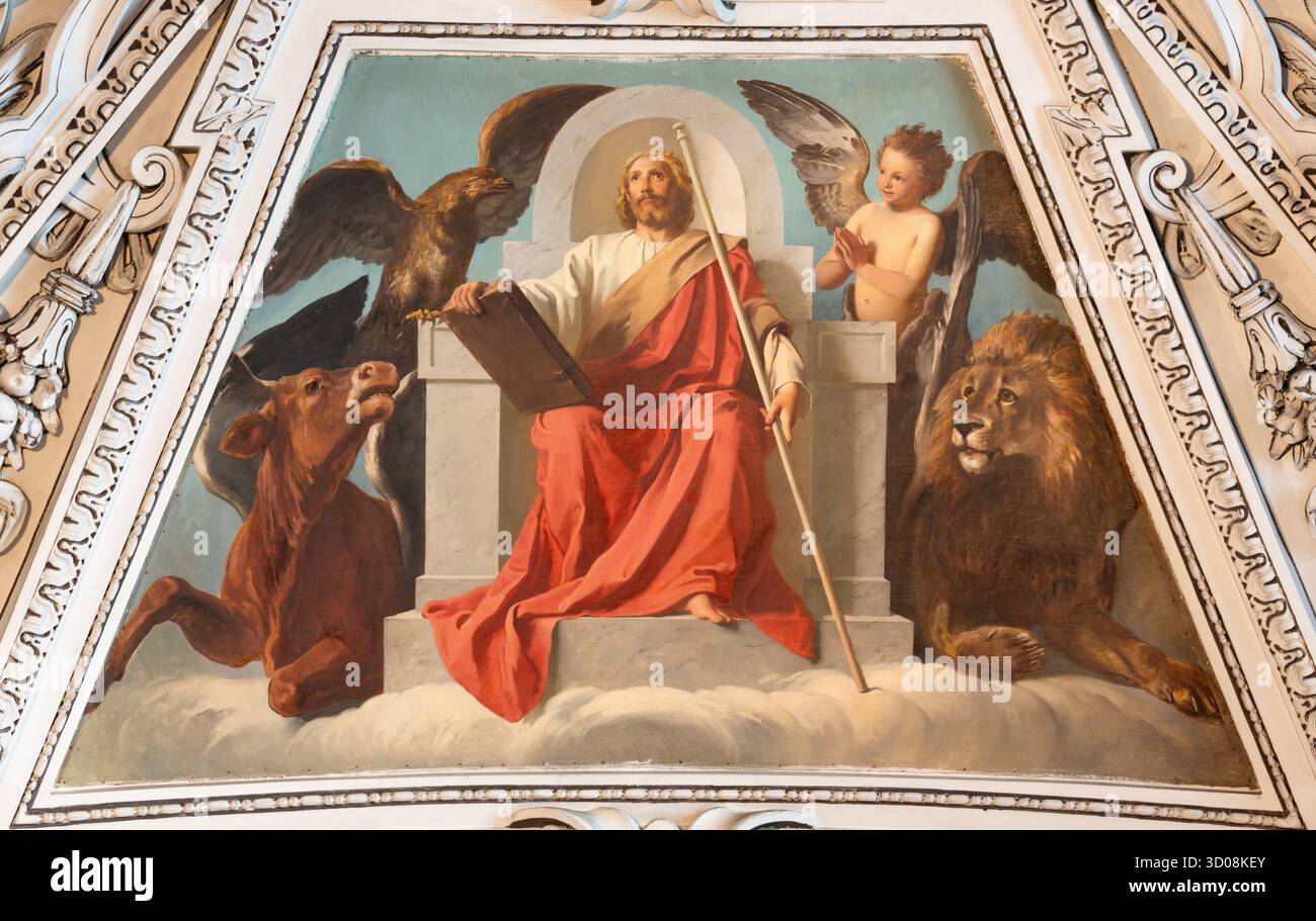 SALISBURGO, AUSTRIA - 6 SETTEMBRE 2025: Il dipinto di Gesù con il Libro della vita e i simboli di quattro Evengelisti nella Cattedrale di Ludwig Glötzle Foto Stock
