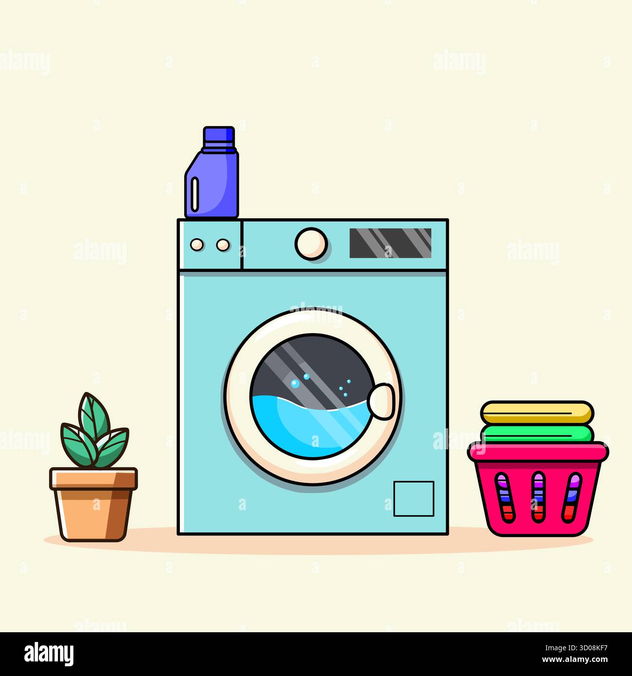 Capi essenziali per il giorno della lavanderia con lavatrice e cesto per abiti illustrazione vettoriale design dei cartoni animati Illustrazione Vettoriale
