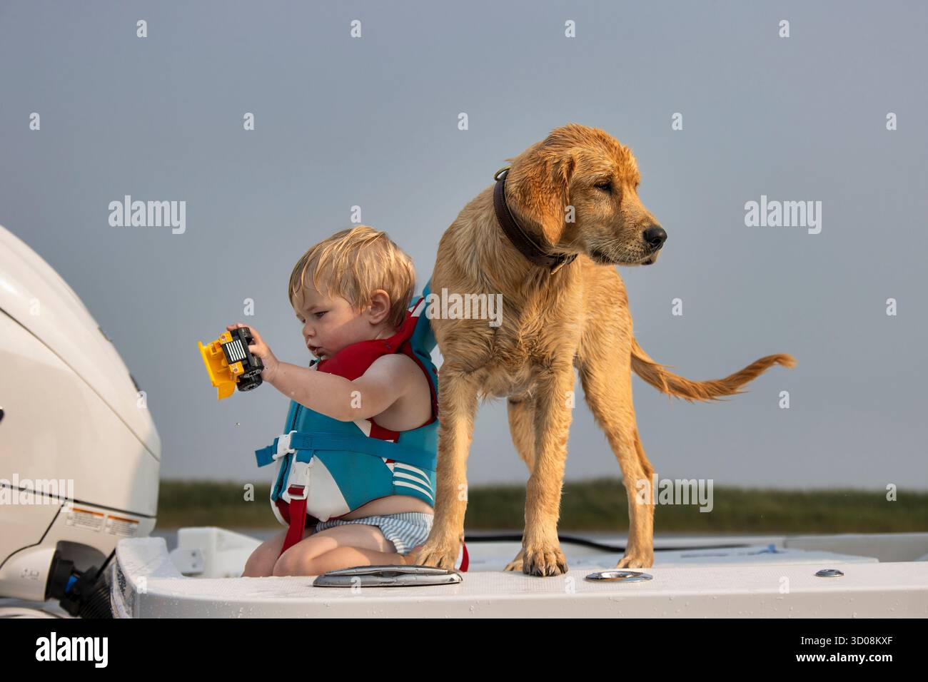 Un cane Golden retriever in piedi sul ponte di una barca accanto a un bambino che indossa un giubbotto salvagente Foto Stock