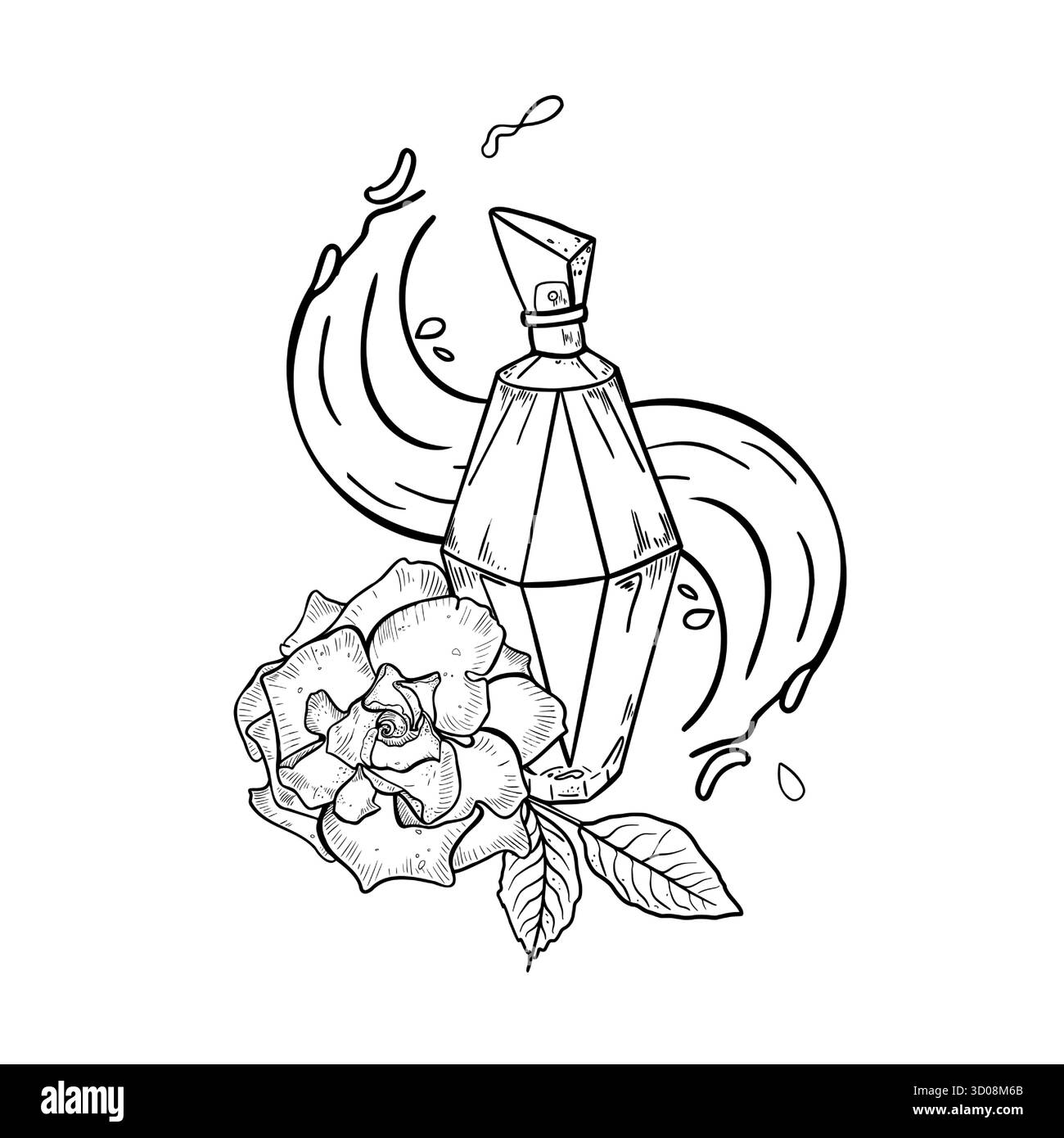 Bottiglia di profumo disegnata a mano con peonia in fiore e schizzi d'acqua dinamici. Design monocromatico per il branding delle fragranze. Rose Drawing per cosmetica Illustrazione Vettoriale