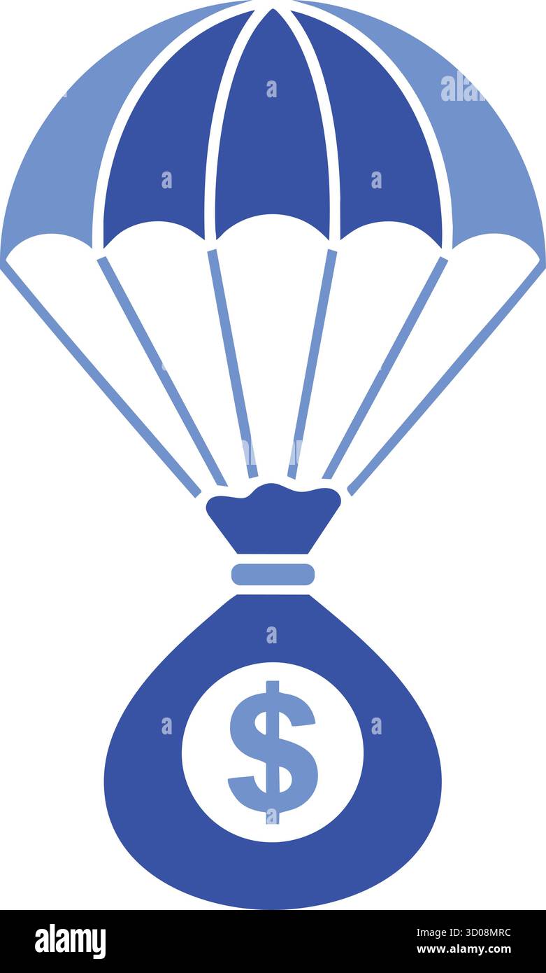 Paracadute blu che porta il sacco dei soldi, simbolo della rete di sicurezza finanziaria Illustrazione Vettoriale