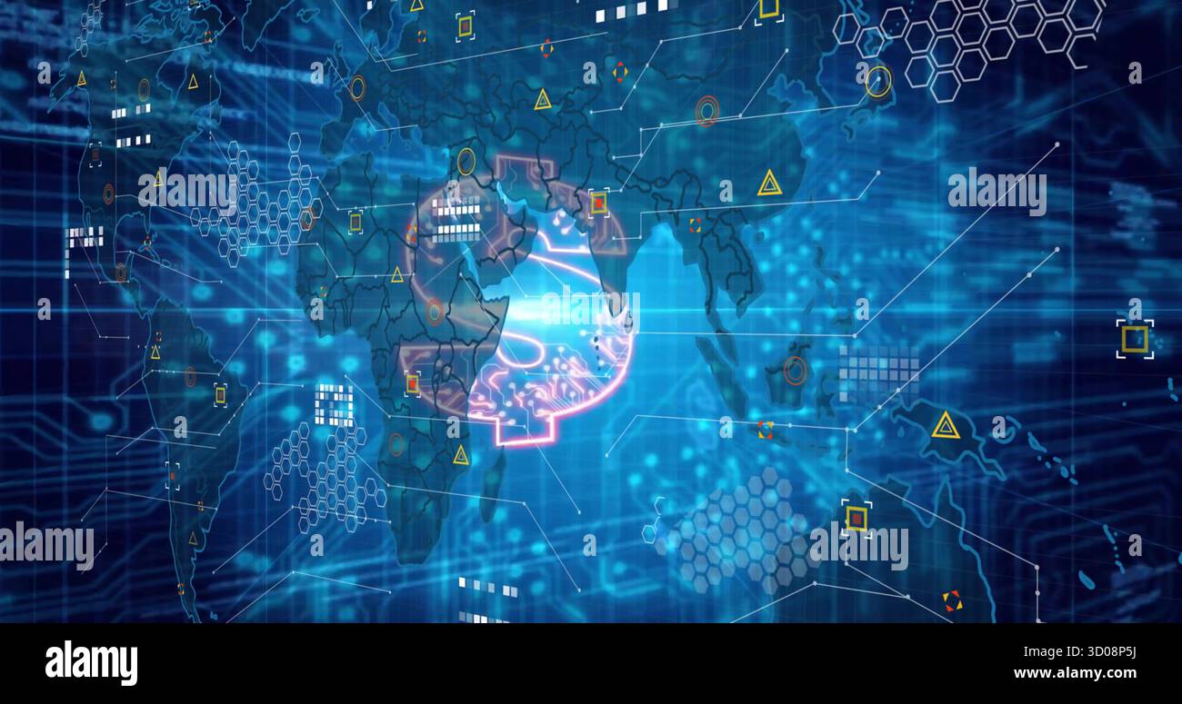 Icona al neon brillante che pulsante sull'interfaccia digitale con sagoma della mappa mondiale e linee di circuito Foto Stock