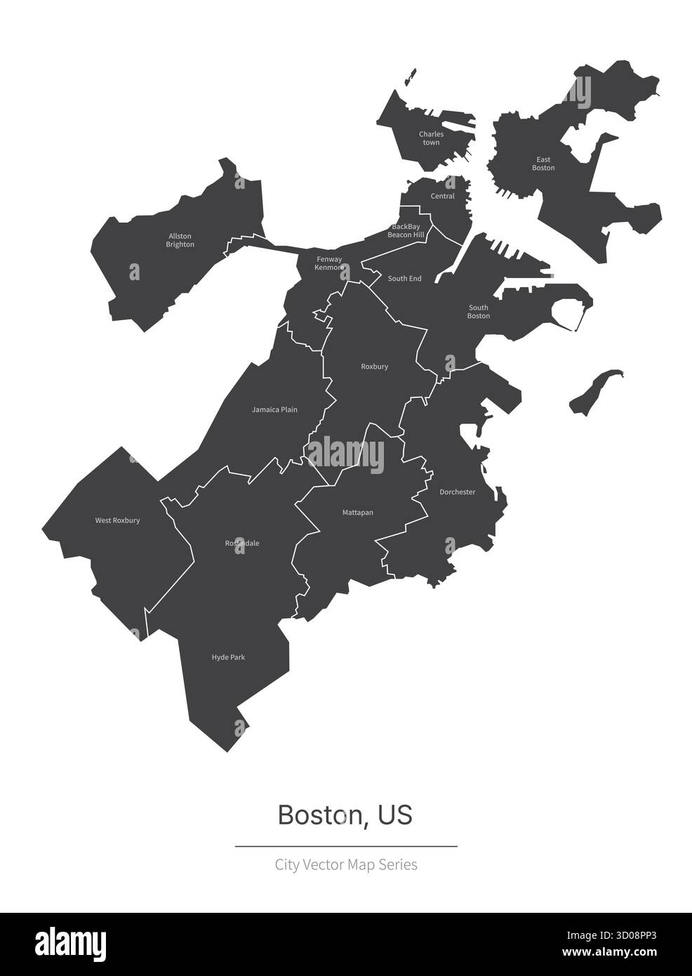 Mappa di Boston. Mappa vettoriale della città negli Stati Uniti. Illustrazione Vettoriale