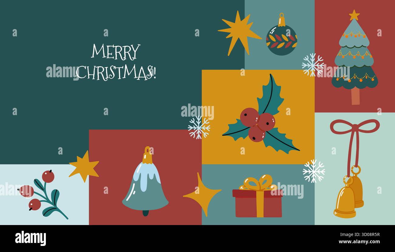Cartolina di Natale disegnata a mano in stile moderno e piatto. Illustrazione geometrica colorata con albero di Natale, stelle, decorazioni di Capodanno e fiocchi di neve Illustrazione Vettoriale