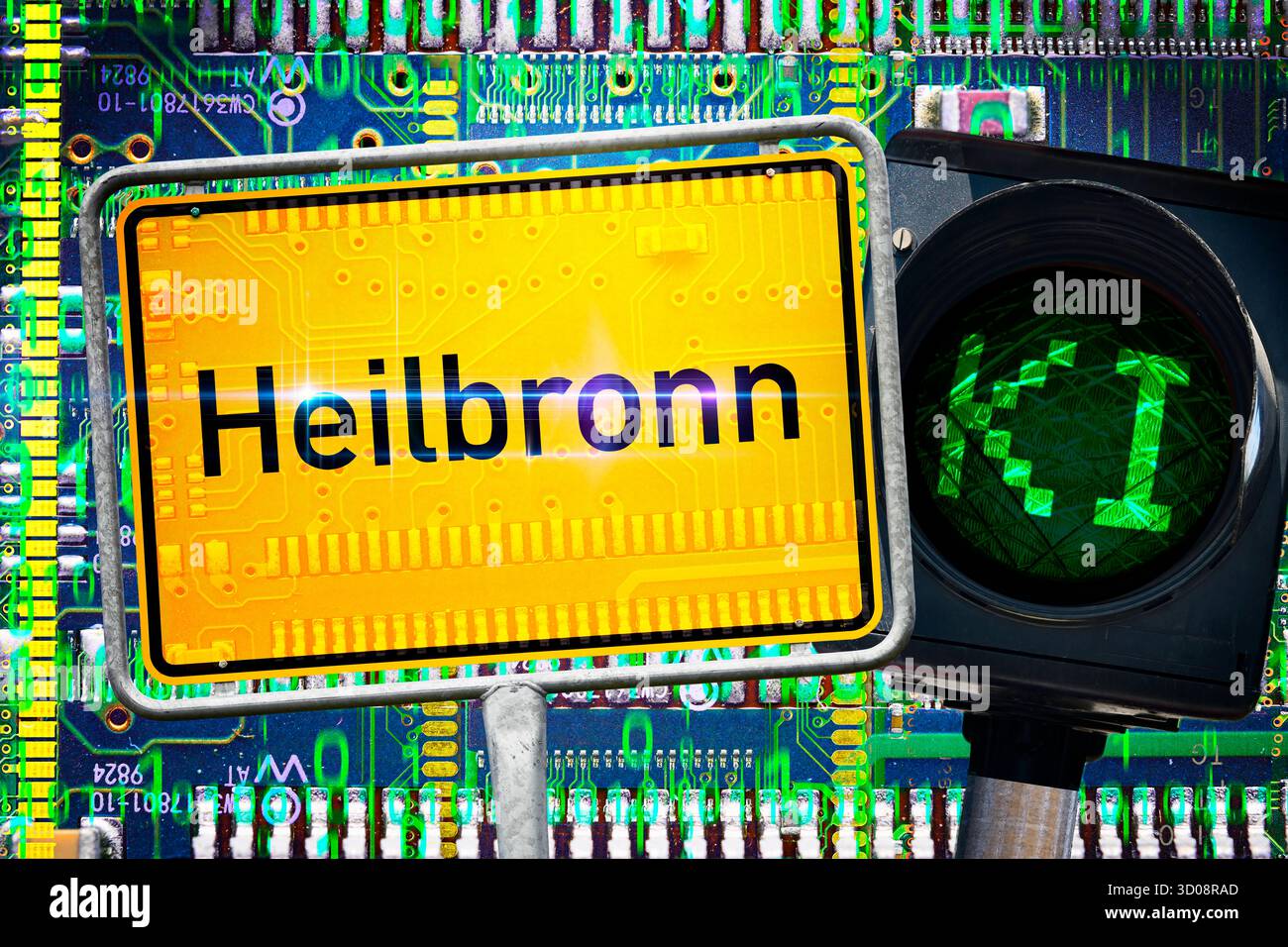 FOTOMONTAGE, Ortsschild von Heilbronn vor Computerplatine, Binärcode und KI-Ampel, KI-Großprojekt IPAI *** FOTOMONTAGE, cartello cittadino di Heilbronn davanti alla scheda del computer, codice binario e semaforo IA, progetto IA su larga scala IPAI Foto Stock