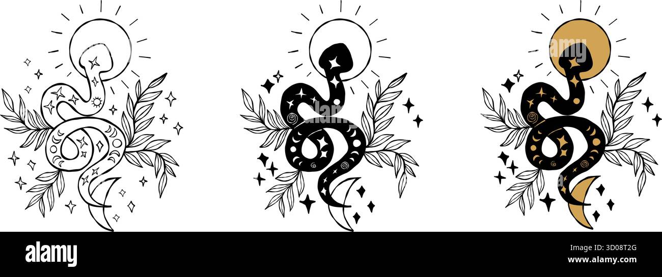 Serpente mistico con Sole, Luna e piante. Disegni a mano testurizzati neri e dorati con contorno isolato. Illustrazione vettoriale. Non IA Illustrazione Vettoriale