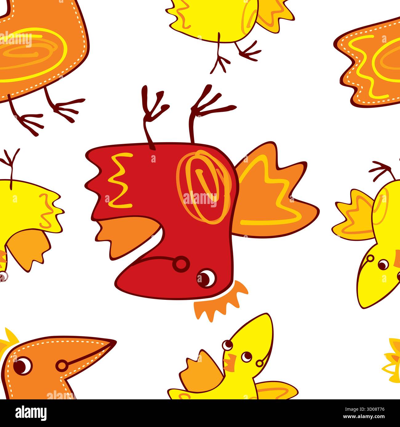 vettoriale disegnato a mano arancione, rosso, giallo simpatici uccelli, fantasia di volo, uccello cartoni animati sorridente, animale decorativo, illu per bambini Illustrazione Vettoriale