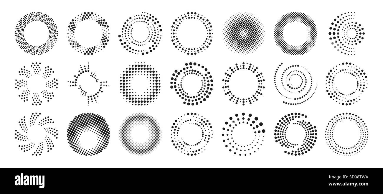 Mezzitoni a ondulazione radiale con sfumature circolari ed effetti d'onda. Varie texture geometriche nere per stampe, sfondi o moderne composizioni astratte su superficie bianca. Illustrazione Vettoriale
