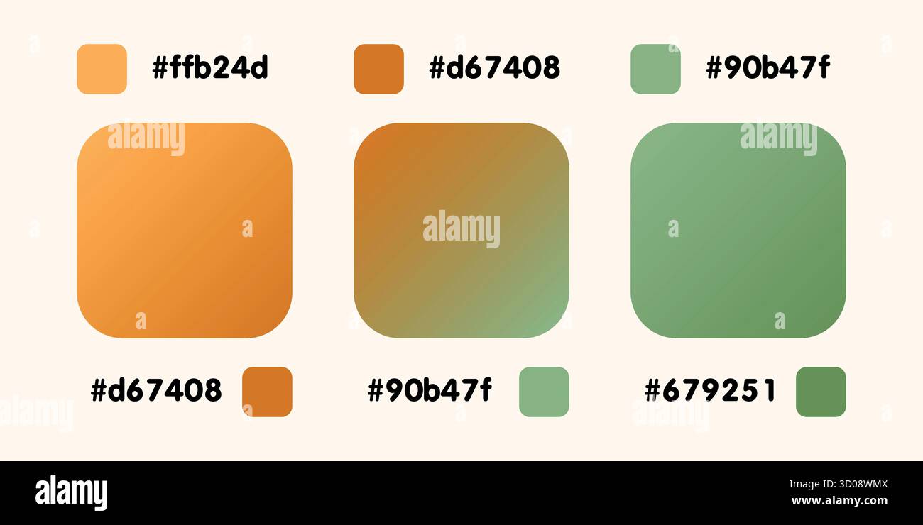Raccolta gradiente, ologramma dell'arcobaleno lucido. Lamina olografica, verde, gialla, gradazione marrone. Catalogo delle tavolozze dei campioni in RGB ESADECIMALE. Vettore Illustrazione Vettoriale