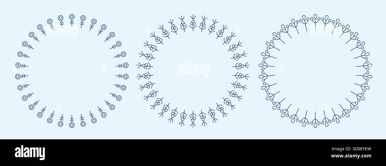 Ghirlanda botanica natalizia della linea scandinava invernale. Telaio rotondo nordic semplice. Rami vettoriali minimalisti, bacche. Illustrazione Vettoriale
