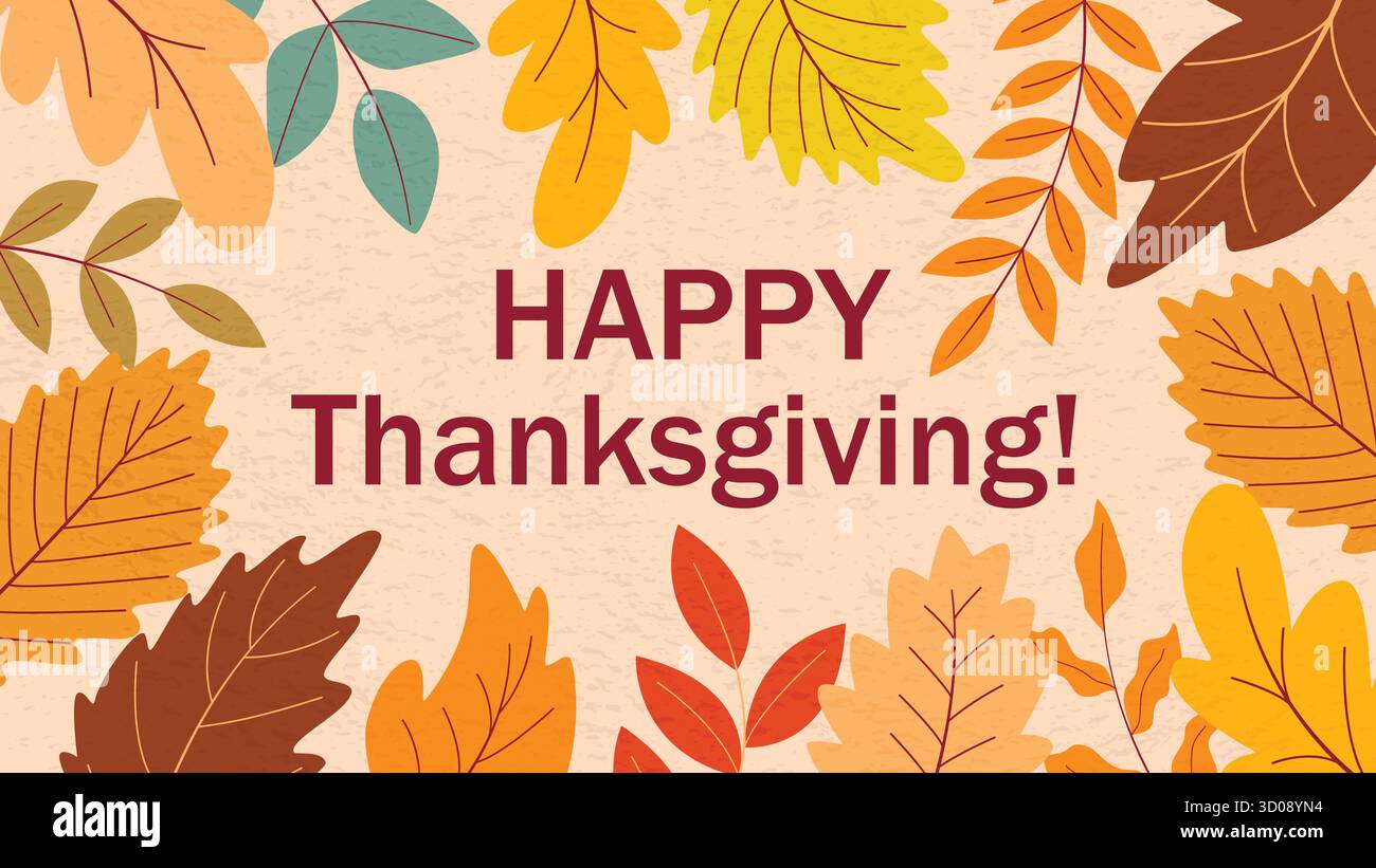 Confortevole banner autunnale per il giorno del Ringraziamento. Sfondo con foglie autunnali colorate e testo di congratulazioni. Layout orizzontale tematico con fogliame Illustrazione Vettoriale