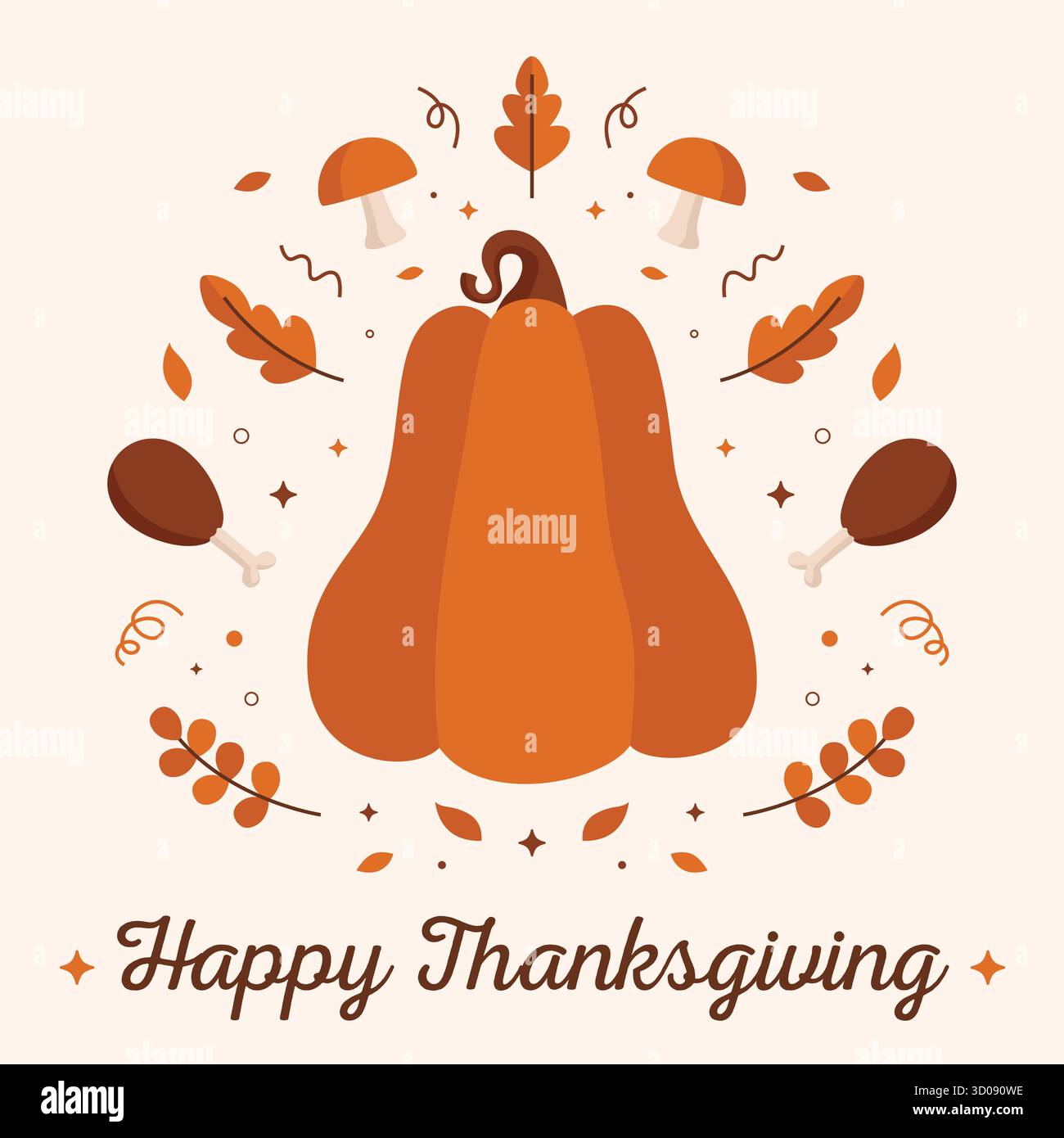 Design del Ringraziamento con grande zucca ed elementi stagionali come funghi e foglie d'autunno, perfetto per post sui social media, campagne ed eventi. Illustrazione Vettoriale