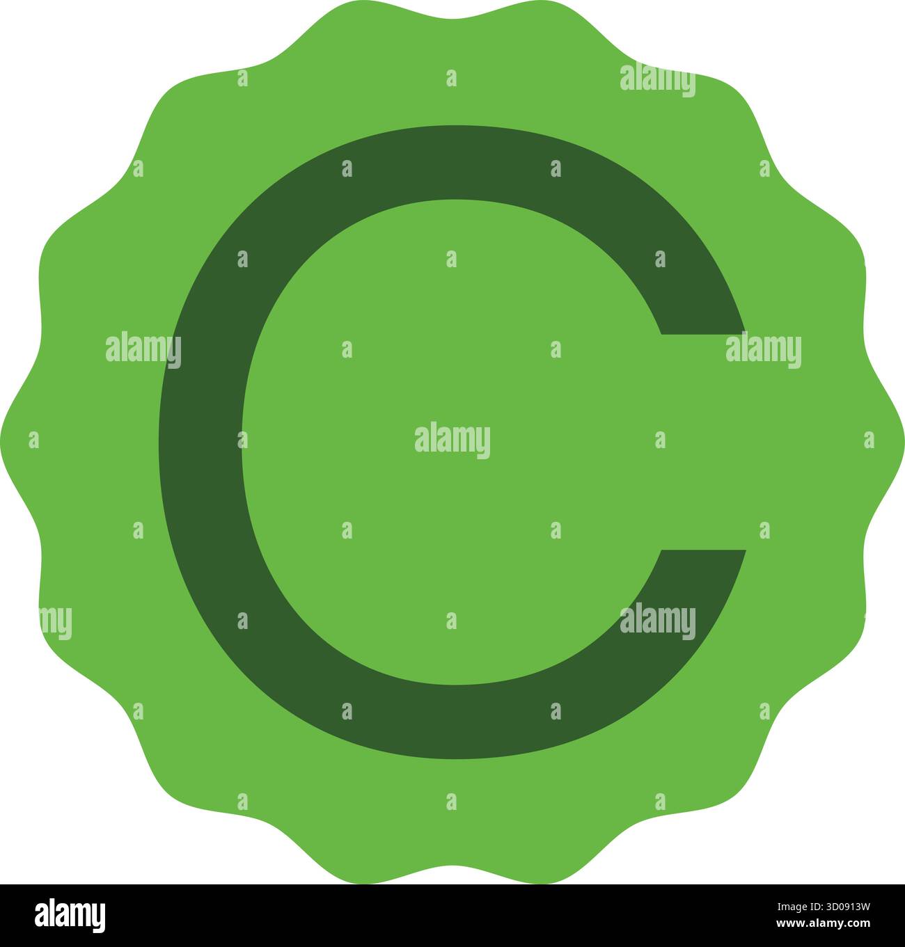 Lettera C verde creativa posizionata all'interno di una cornice circolare verde chiaro. Design vettoriale pulito e moderno, ideale per materiali didattici e tipografia. Illustrazione Vettoriale