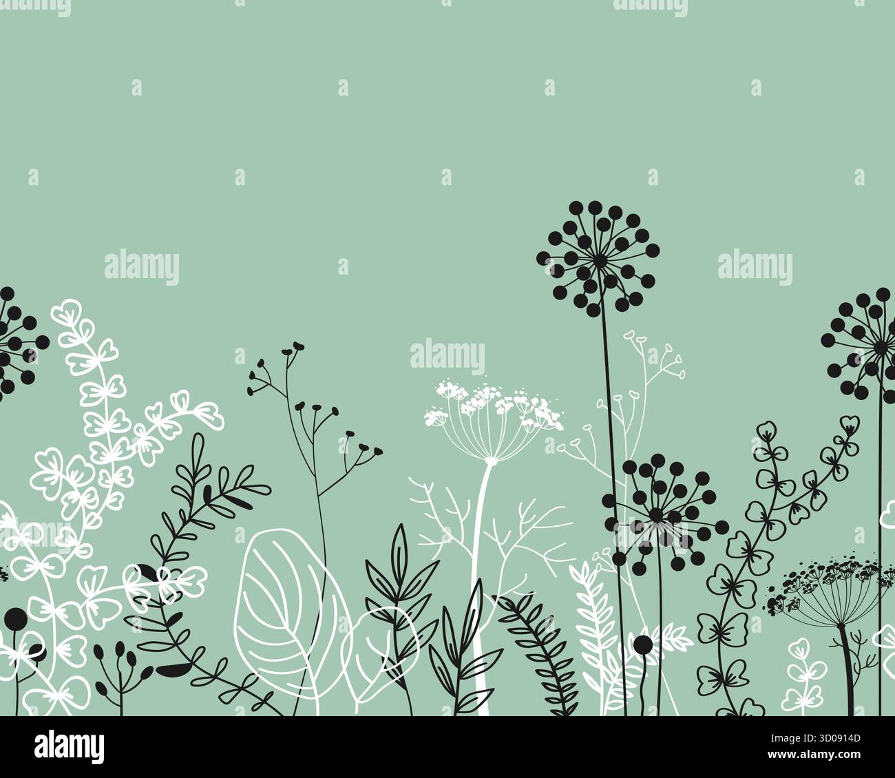 Confine perfetto con foreste di scarabocchi e prati. Sfondo floreale disegnato a mano per cornici, poster, cartoline per bambini, sfondi. Illustrazione vettoriale. Illustrazione Vettoriale