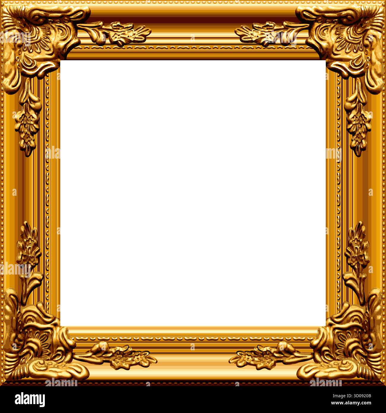 cornice per quadri in oro dorato quadrata, decorata e realistica, con vettore per ritratti isolato su trasparente Illustrazione Vettoriale