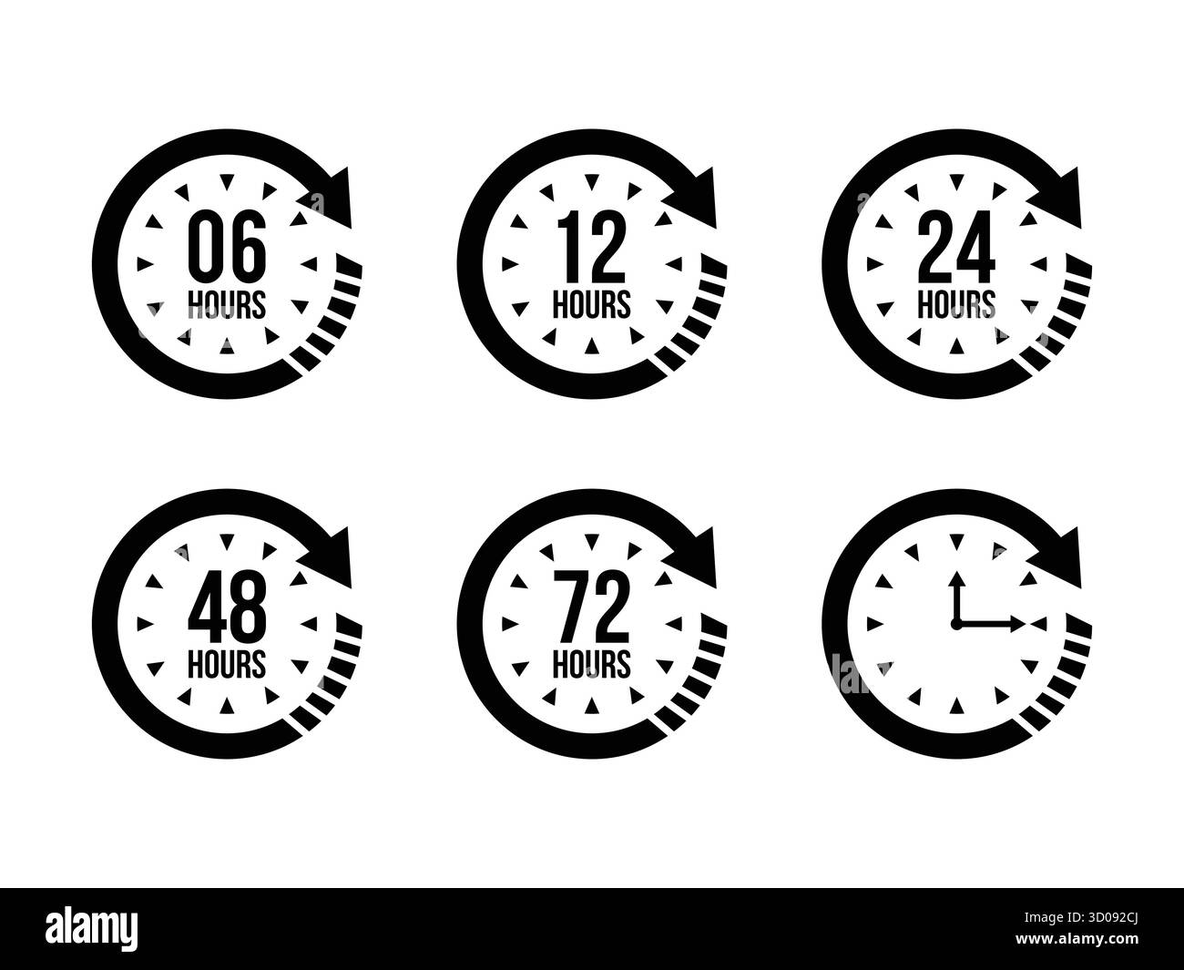 Illustrazione vettoriale delle icone a freccia dell'orologio a 6, 12, 24, 48 e 72 ore. Perfetto per rappresentare i simboli dell'orario di lavoro, della consegna e della durata del servizio. Clea Illustrazione Vettoriale