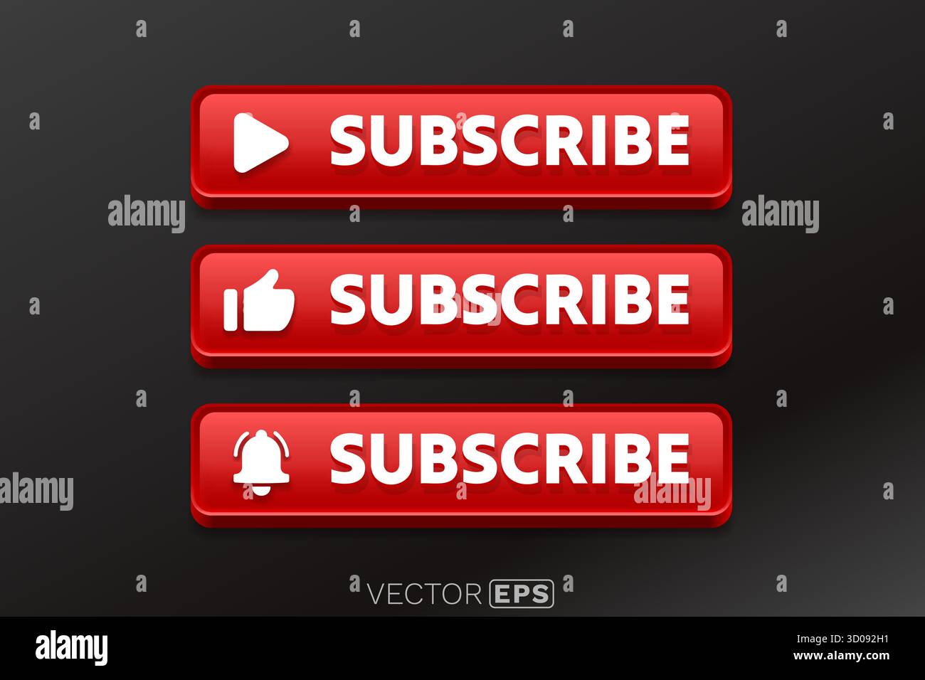Elegante collezione di pulsanti 3D in rosso per abbonarsi. Elementi essenziali dell'interfaccia utente Web con icone di riproduzione, tipo e campana. Illustrazione vettoriale Illustrazione Vettoriale