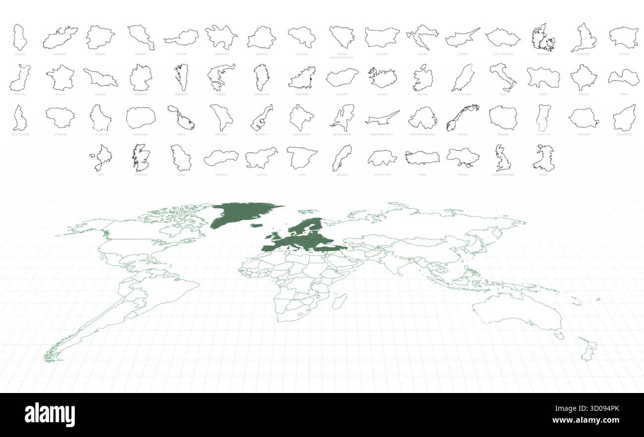 Delineare le mappe dei paesi europei con una mappa Europa del mondo evidenziata. Illustrazione vettoriale. Illustrazione Vettoriale