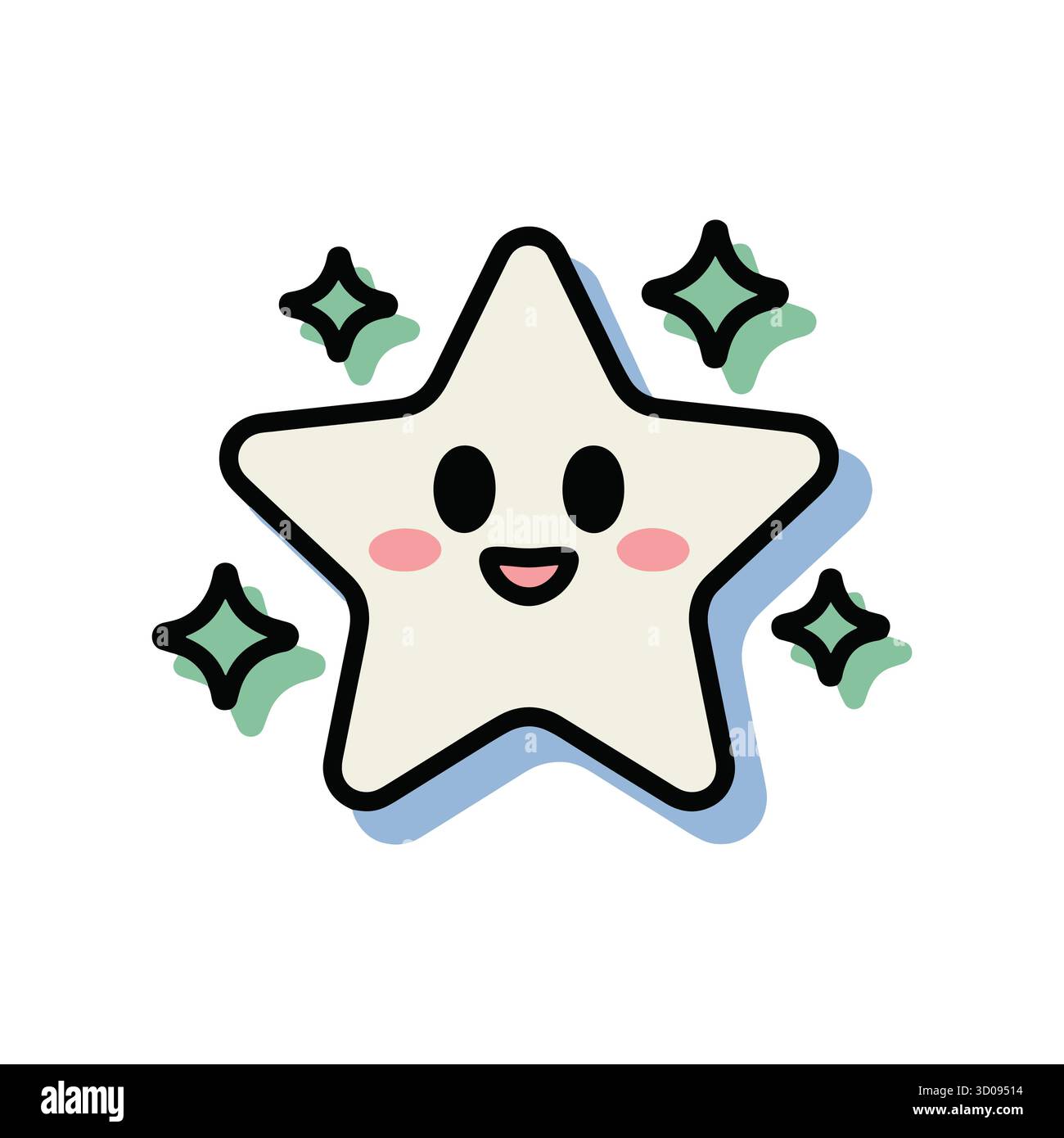 Il simpatico personaggio di Kawaii Star sorride circondato da scintillanti elementi Star Illustrazione Vettoriale