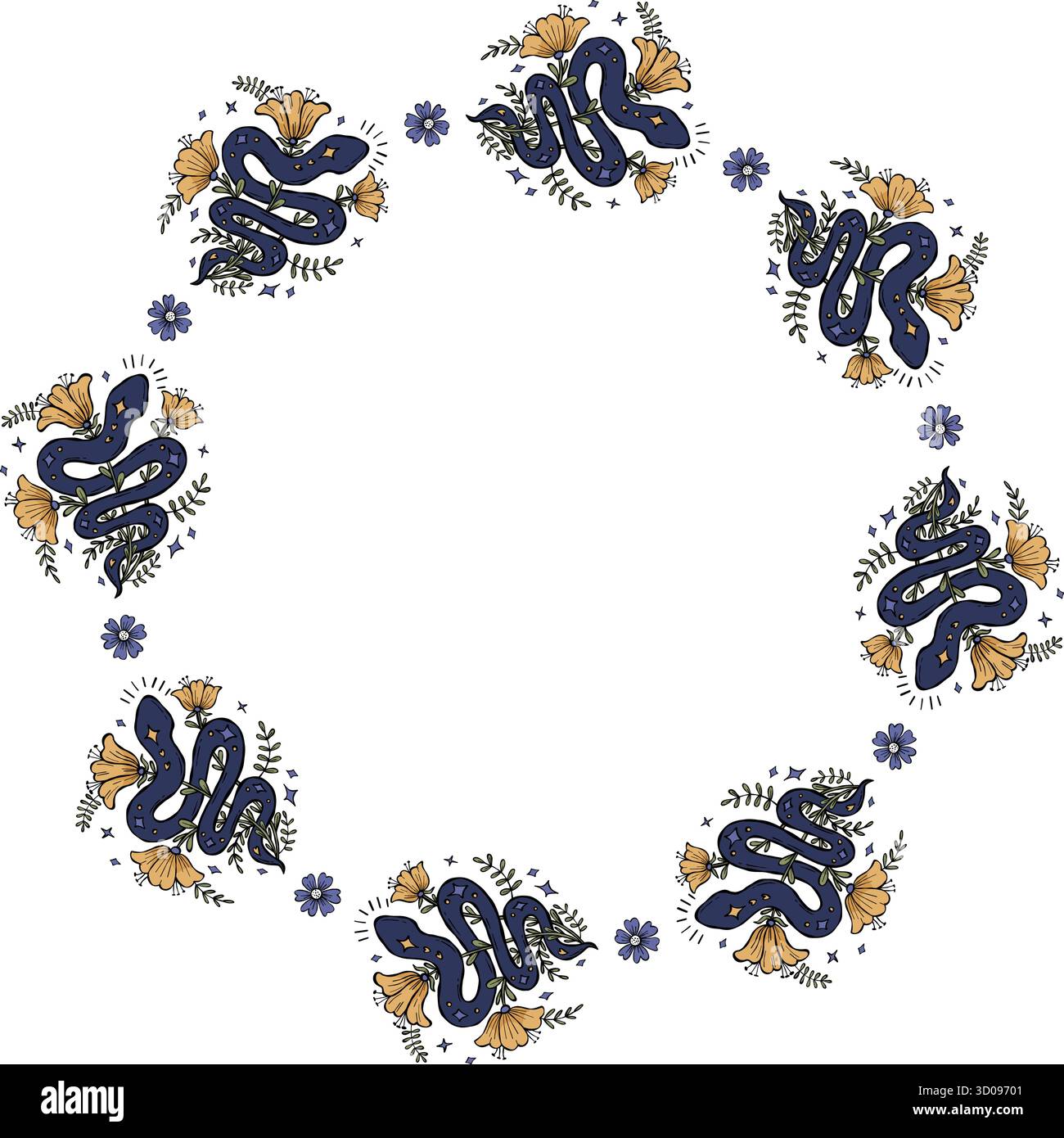 Montatura rotonda con motivo floreale mistica Snake. Corona circolare decorativa in blu scuro e oro. Doodle disegnatore a mano testurizzato per un design magico. Illustratio vettoriale Illustrazione Vettoriale