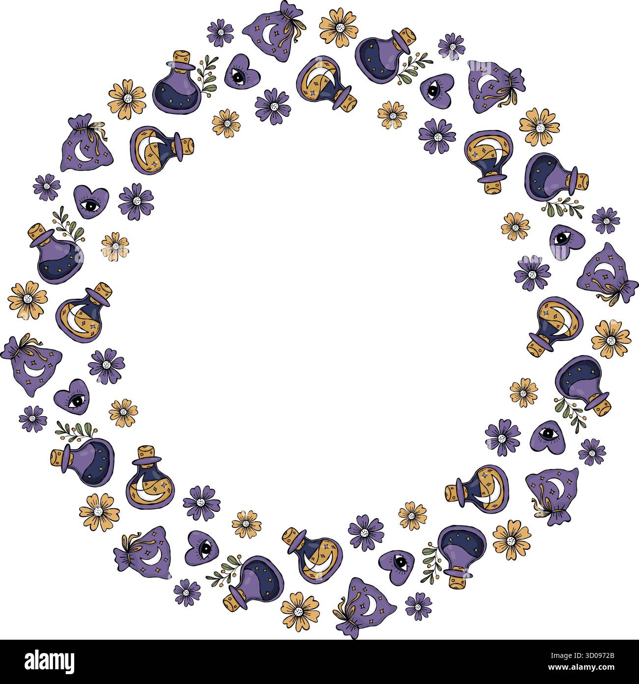 Cornice rotonda mistica. Corona floreale circolare con bottiglie di pozione magiche e ciondoli magici. Doodle colorato testurizzato per disegnare a mano. Illustrazione vettoriale. Illustrazione Vettoriale