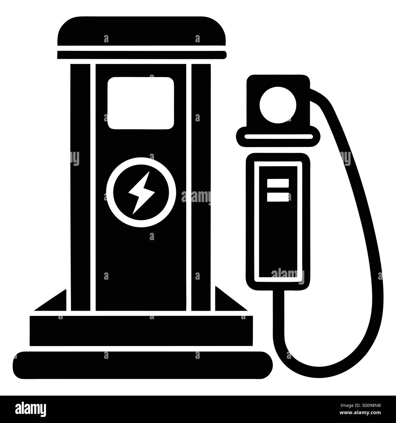 Stazione di ricarica per auto elettriche minimale, con silhouette vettoriale, alimentatore ecologico, icona nera piatta. Illustrazione vettoriale Illustrazione Vettoriale