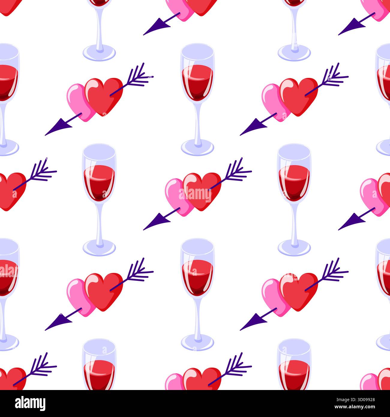Motivo senza cuciture con cuori rossi e rosa perforati da frecce e bicchieri di vino rosso in stile piatto. Design per amore romantico e tema celebrativo. Illustrazione Vettoriale