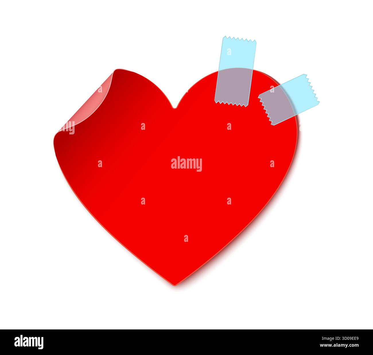 Adesivo realistico cuore di carta rosso natalizio romantico per San Valentino. Adesivo 3d Love Day Paper, nota vettoriale adesiva a forma di cuore romantico. Cartolina romantica per le vacanze con angolo piegato e nastri adesivi blu Illustrazione Vettoriale