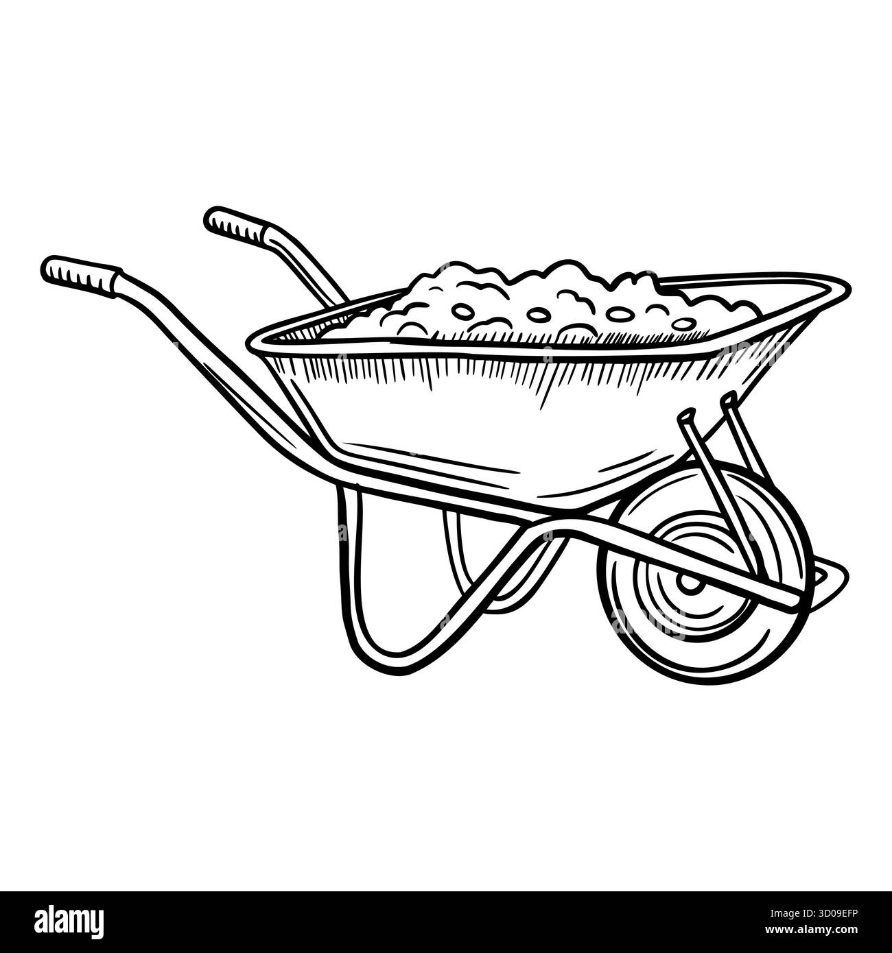 Una semplice carriola piena di terreno. La carriola è dotata di due maniglie e di una ruota singola, progettate per lavori di giardinaggio o di costruzione. Illustrazione Vettoriale