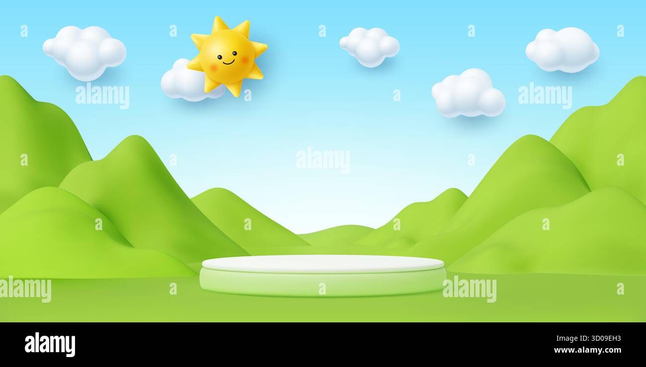 palcoscenico 3d per bambini con sole divertente e nuvole bianche nel cielo blu. Piedistallo rotondo con verdi montagne e colline con luce soffusa. Banner vettoriale con scena di prodotto circolare per la presentazione di prodotti per bambini Illustrazione Vettoriale