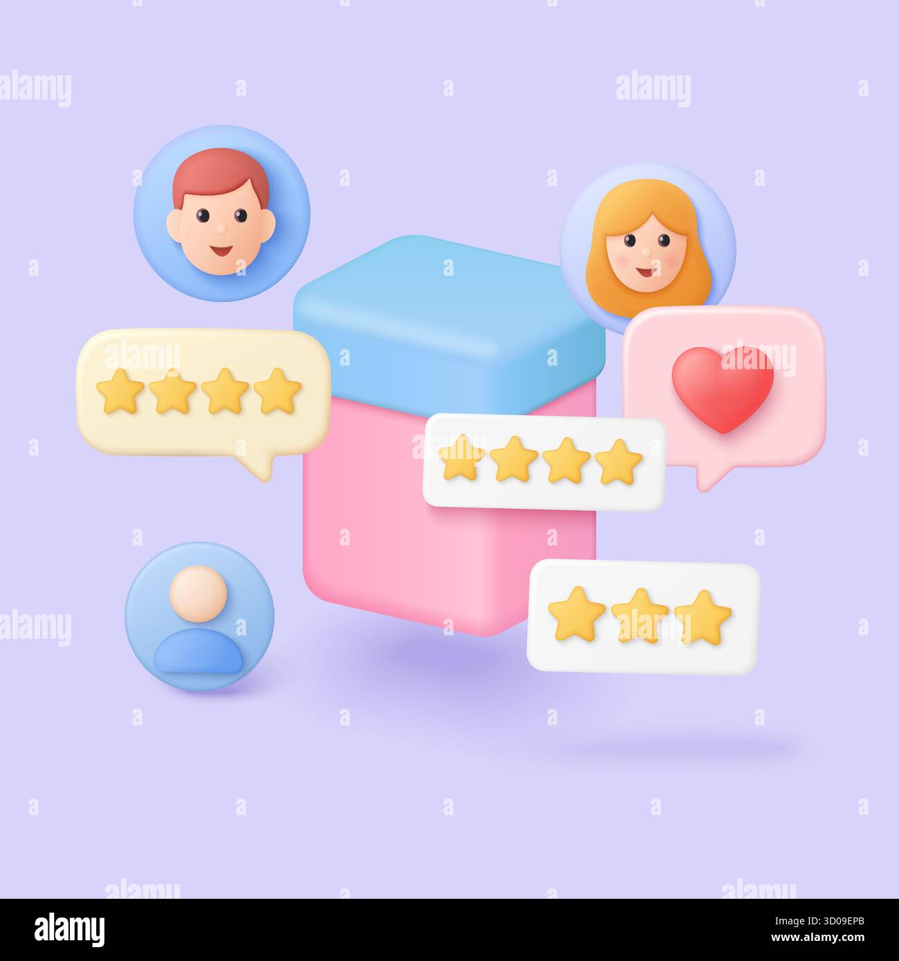 Recensioni dei clienti 3D colorate con valutazioni a stelle, avatar degli utenti e icone di cuore per feedback, reputazione aziendale e testimonianze online illustrazione vettoriale del concetto Illustrazione Vettoriale