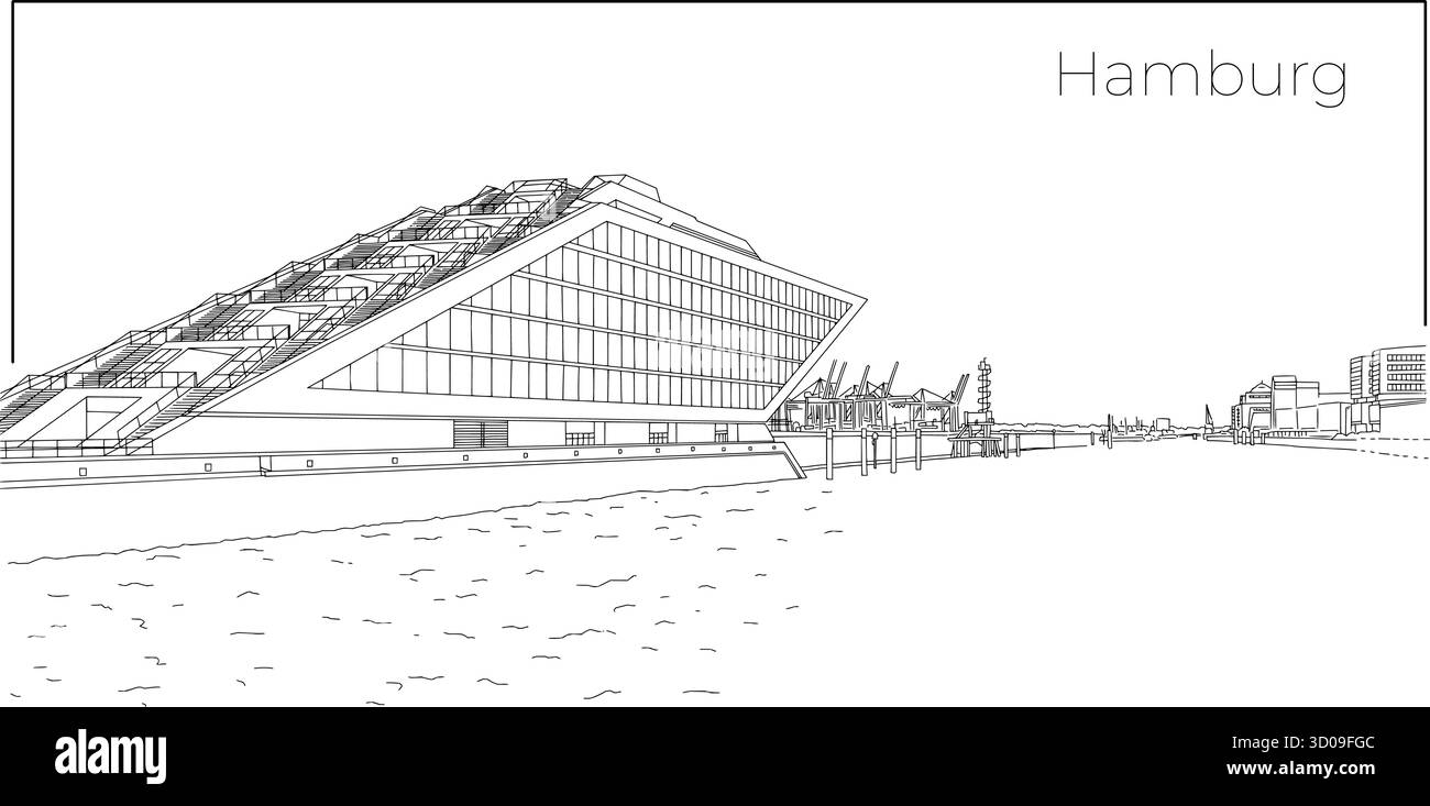 Arte in bianco e nero dell'edificio Dockland ad Amburgo, Germania. Vista minimale del paesaggio urbano con architettura moderna sul fiume Elba nell'Altona Illustrazione Vettoriale