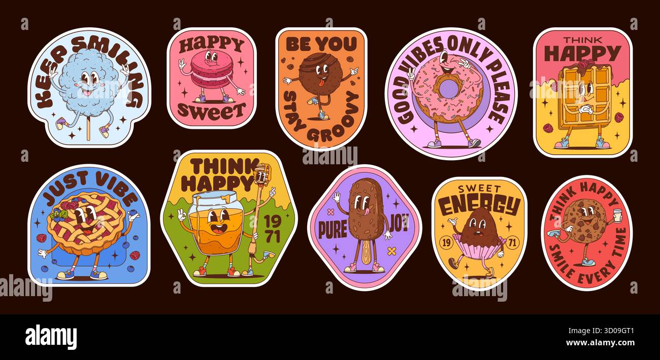 I dolci e i dolci più gustosi etichettano gli adesivi di appetitosi dolciumi, le macchie vettoriali hippie. Ciambella con gelato e biscotti al cioccolato, waffle, adesivi di macaron dolci e cerotto di caramelle di cotone Illustrazione Vettoriale