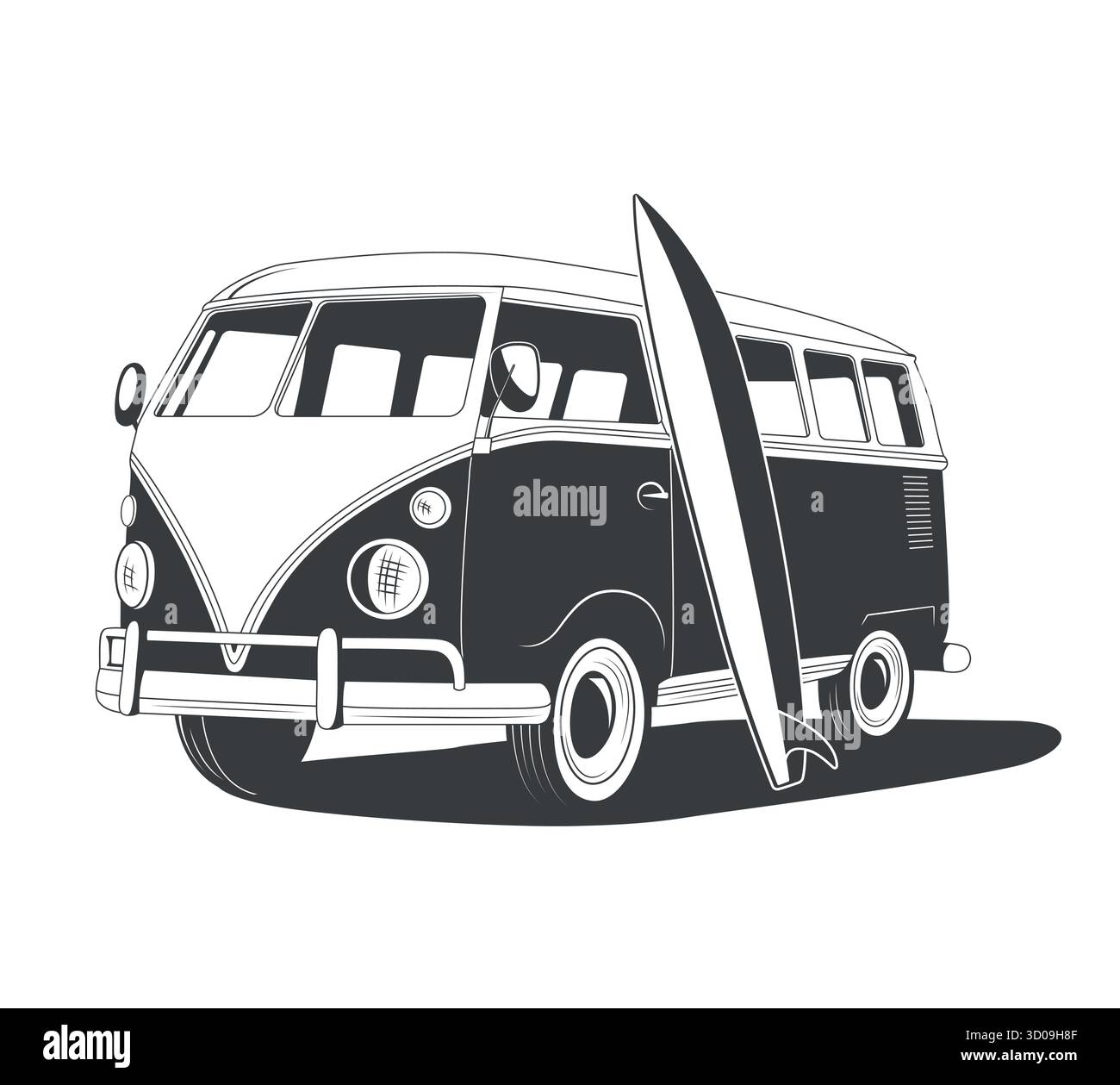 Icona camper retro. Illustrazione vettoriale. Silhouette minibus classica. Furgone da surf vintage con bordo. Clipart del microbus per badge, logo Summer Beach Illustrazione Vettoriale