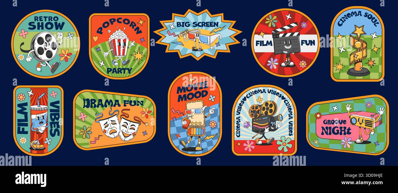 Personaggi del cinema, adesivi hippie Groovy e patch y2k di cartoni animati cartoni animati, occhiali 3d, popcorn e soda. Vettoriale pellicola retrò Groovy, fotocamera vintage e adesivi in clapperboard Illustrazione Vettoriale